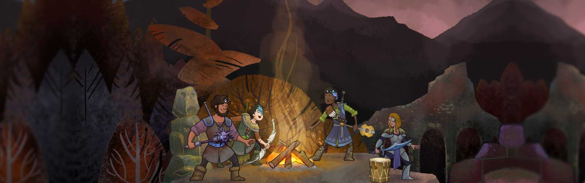 A scenic screenshot from Wildermyth of a party of adventurers happily singing around a campfire.